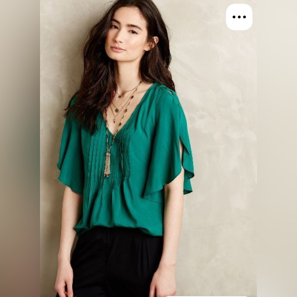 Anthropologie Maeve Maya Emerald Green Flutter Sleeve Top with Pintuck Detail